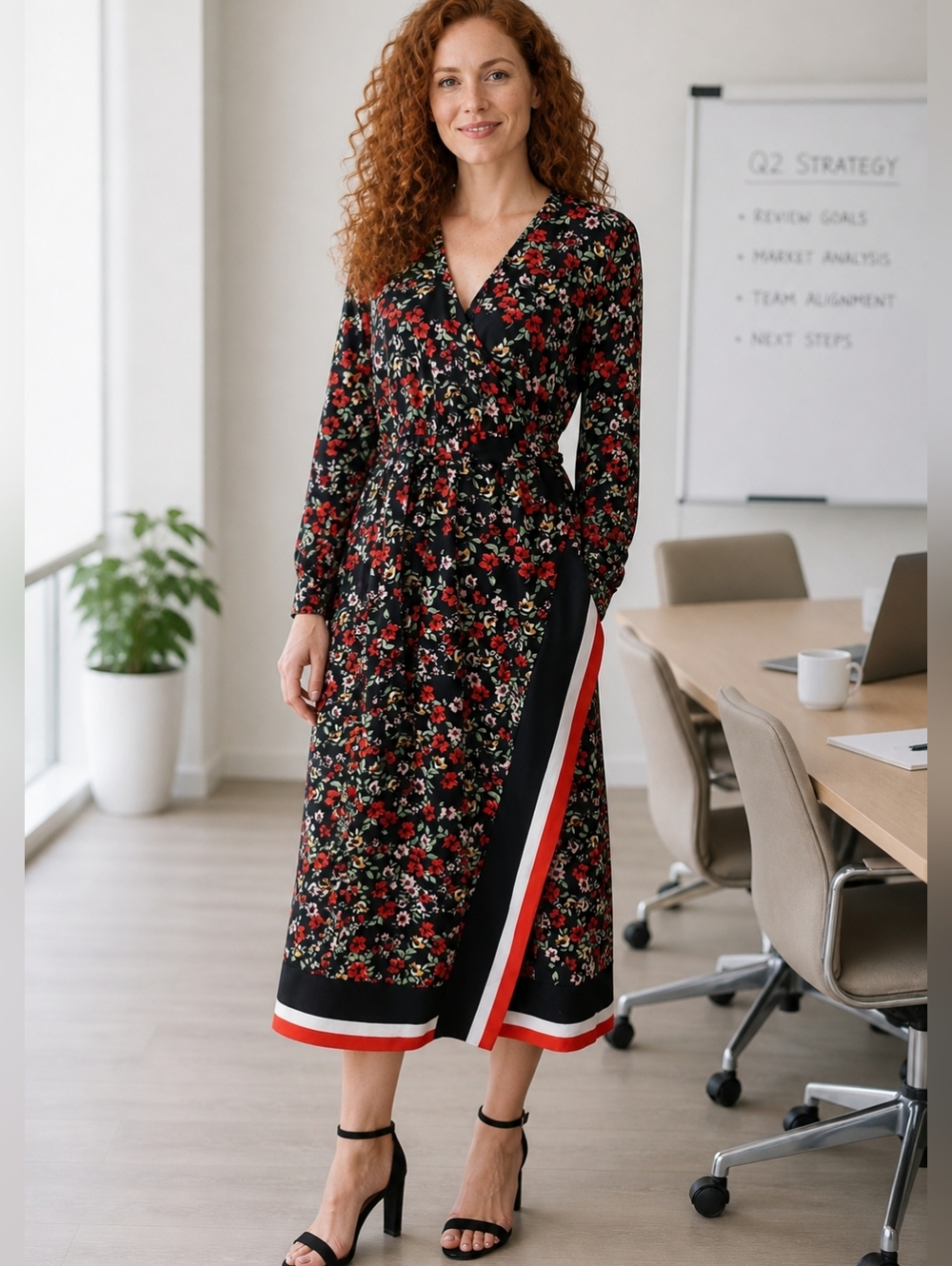 Dex💐Black Floral Wrap Midi Dress with Red,Cream&Black Side/Hem Stripes Sz M